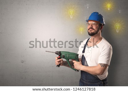 Craftsman with tool and new idea symbol in his hand.