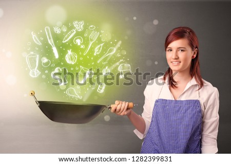Cooking with green doodle vegetables and kitchen staff