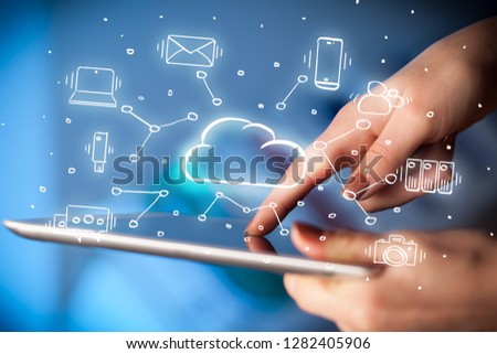 Hand working with cloud technology system and office symbol concept