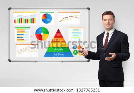 Handsome businessman presenting health reports on white board with laser pointer
