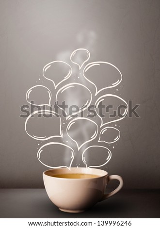 Coffee mug with hand drawn speech bubbles, close up