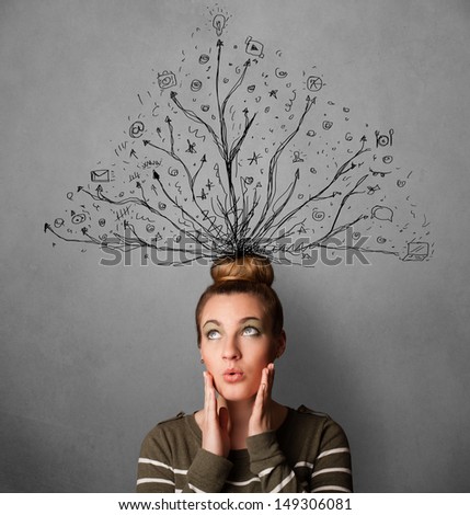 Pretty young woman thinking with tangled lines coming out of her head