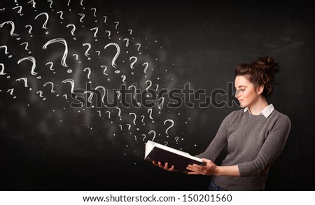Confused Woman Reading A Book With Question Marks Coming Out From It
