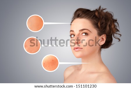 Beautiful young girl with facial care arrow signs of damaged skin on gradient background