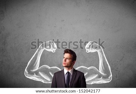 Young Businessman Wondering With Sketched Strong And Muscled Arms