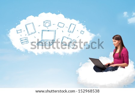 Pretty young woman sitting in cloud with laptop, cloud computing concept