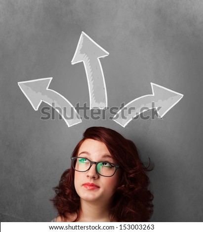 Pretty young woman deciding with sketched arrows above her head