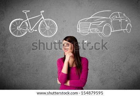 Pretty young woman taking a decision between bicycle and car