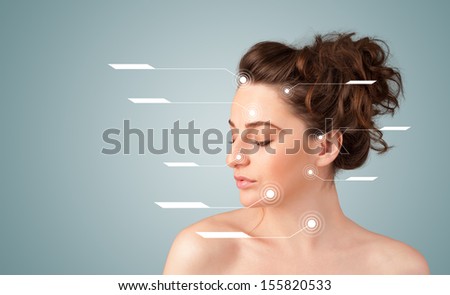 Young sexy girl with facial treatment modern arrows on gradient background