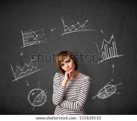 Thoughtful young woman with drawn charts circulating around her head