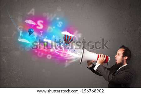 Handsome man shouting into megaphone and abstract text and balloons come out