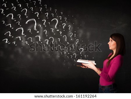 Confused woman reading a book with question marks coming out from it
