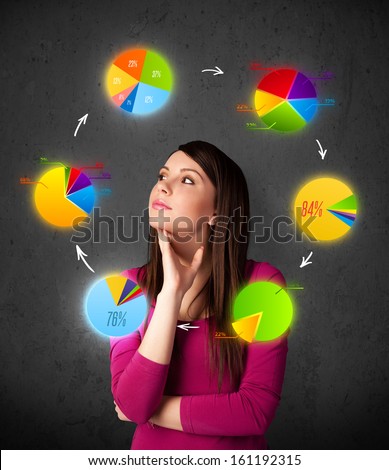 Thoughtful young woman with colorful pie charts circulating around her head