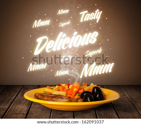 Food plate with delicious and tasty glowing writings on wood deck