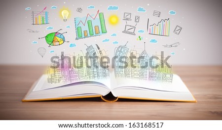 drawing of a colorful business scheme on an opened book