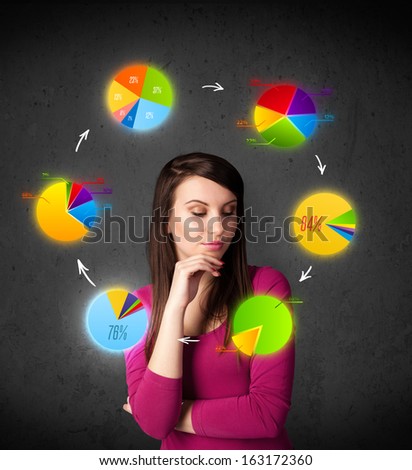 Thoughtful young woman with colorful pie charts circulating around her head