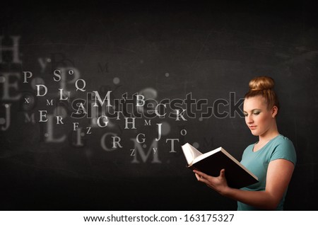 Young lady reading a book with alphabet letters coming out of the book