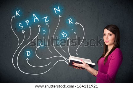 Young woman reading a book while multiple choices are coming out of the book