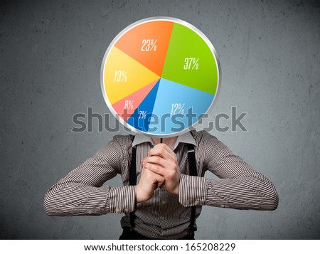 Businessman holding a colorful pie chart in front of his head