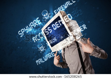 Monitor head person with hacker type of signs on the blue screen
