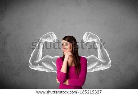 Pretty young woman with sketched strong and muscled arms Pretty young woman with sketched strong and muscled arms