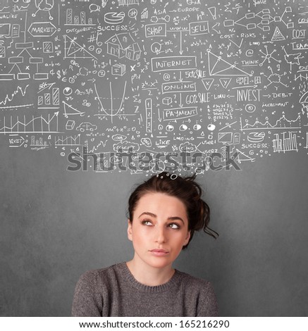 Thoughtful young woman with sketched charts over her head
