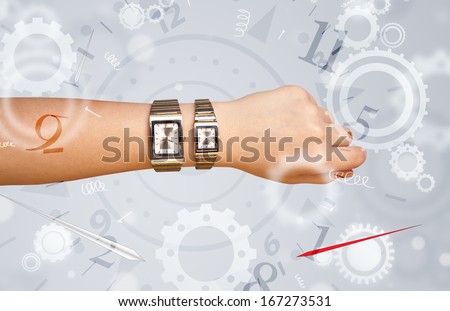 Hand with watch and numbers comming out on the side