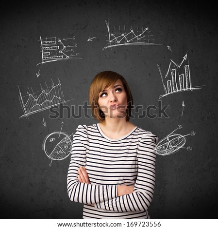 Thoughtful young woman with drawn charts circulating around her head