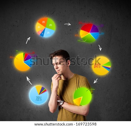Thoughtful young man with colorful pie charts circulating around his head