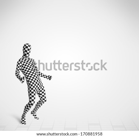 Funny guy in morphsuit body suit looking at empty copy space