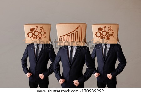 Group of handsome people gesturing with sketched charts and signs on box