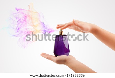 close up of woman hands spraying perfume