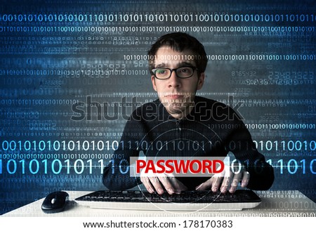 Young geek hacker stealing password on futuristic background