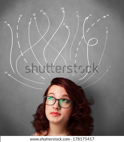 Pretty young woman thinking with arrows in different directions above her head
