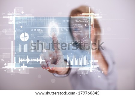 Businesswoman pressing modern technology panel with finger print reader Businesswoman pressing modern technology panel with finger print reader