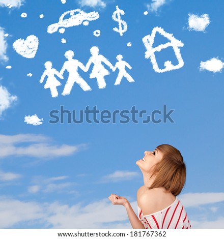 Young girl daydreaming with family and household clouds on blue sky