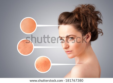Beautiful young girl with facial care arrow signs of damaged skin on gradient background
