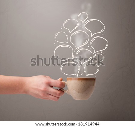 Coffee mug with hand drawn speech bubbles, close up