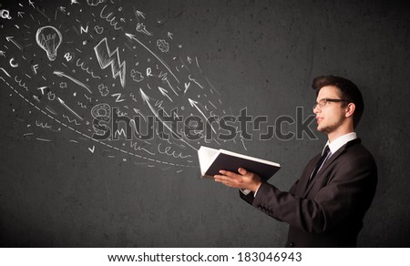 Young man reading a book while hand drawn sketches coming out of the book