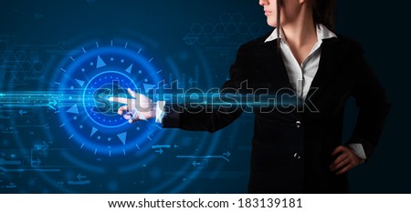 Tech woman pressing high technology control panel screen concept