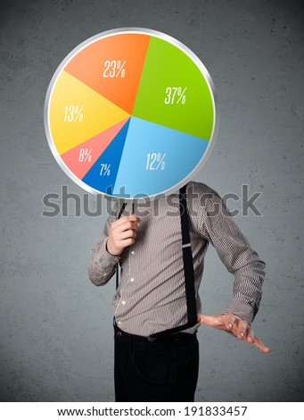 Businessman holding a colorful pie chart in front of his head