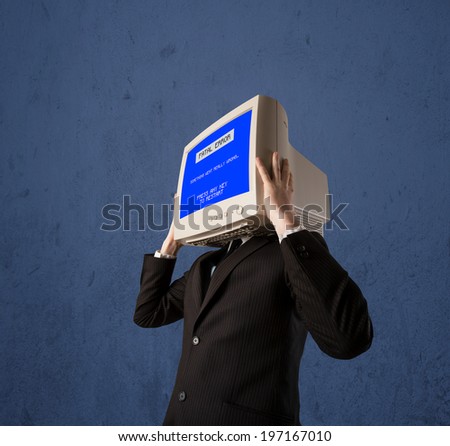 Person with a monitor head and fatal error blue screen on the display