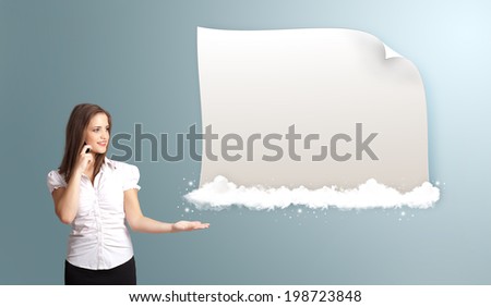 pretty young woman making phone call and presenting modern copy space on clouds