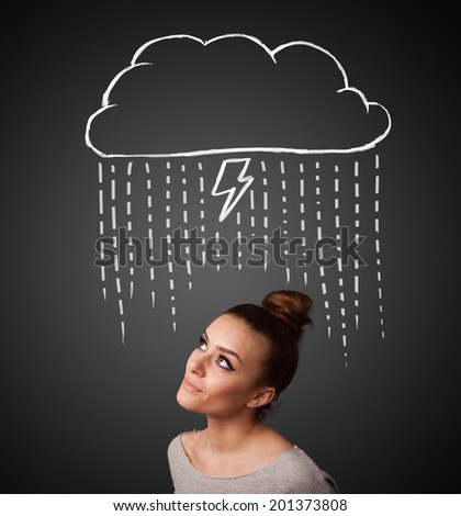 Thoughtful young woman with thundercloud above her head