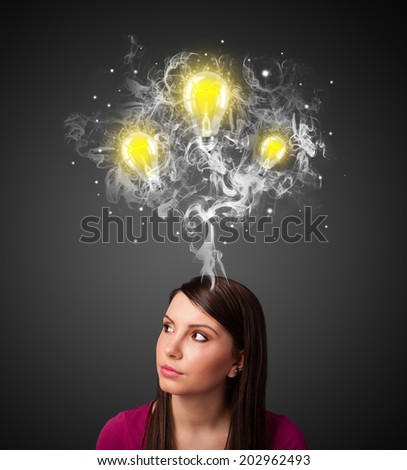 Pretty young woman with smoke and lightbulbs above her head