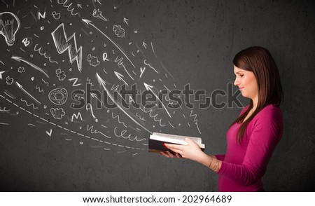 Young woman reading a book while hand drawn sketches coming out of the book