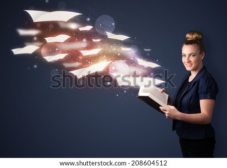 Young lady reading a book with flying sheets coming out of the book, magical reading concept