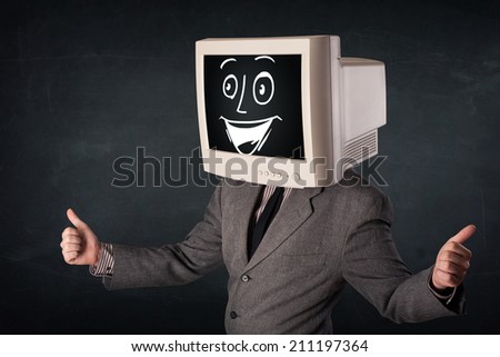 Happy businessman with a personal computer monitor head and a smiley face