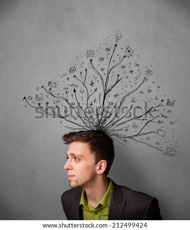 Young businessman thinking with tangled lines coming out of his head
