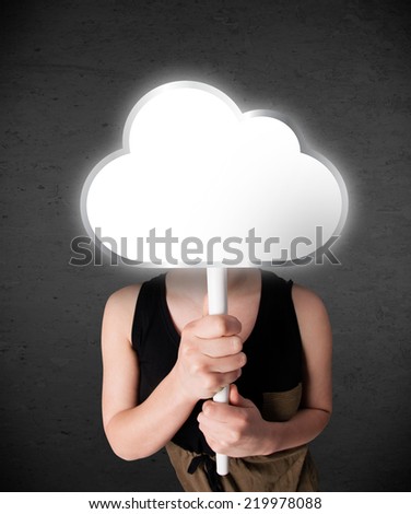 Young lady standing and hiding his head behind an empty cloud